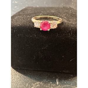Staur Gold Plated Sterling Silver Ring .925 Real Ruby Faux Diamonds Size 5